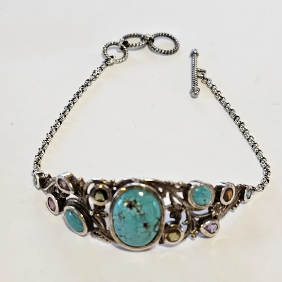 Genuine Bali Turquoise & Tourmaline Bracelet Platinum over 925 - Picture 2 of 6